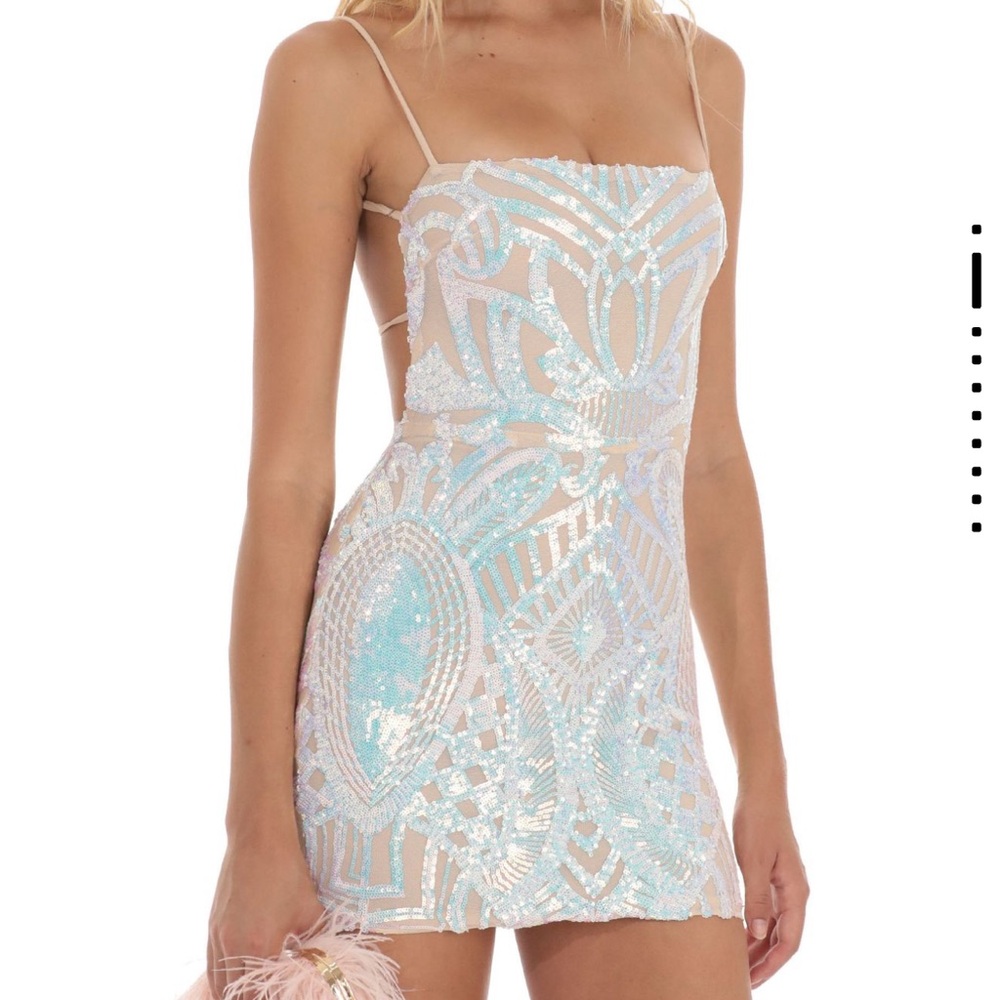 Lucy in the Sky Backless Sequin Dress - White and Blue